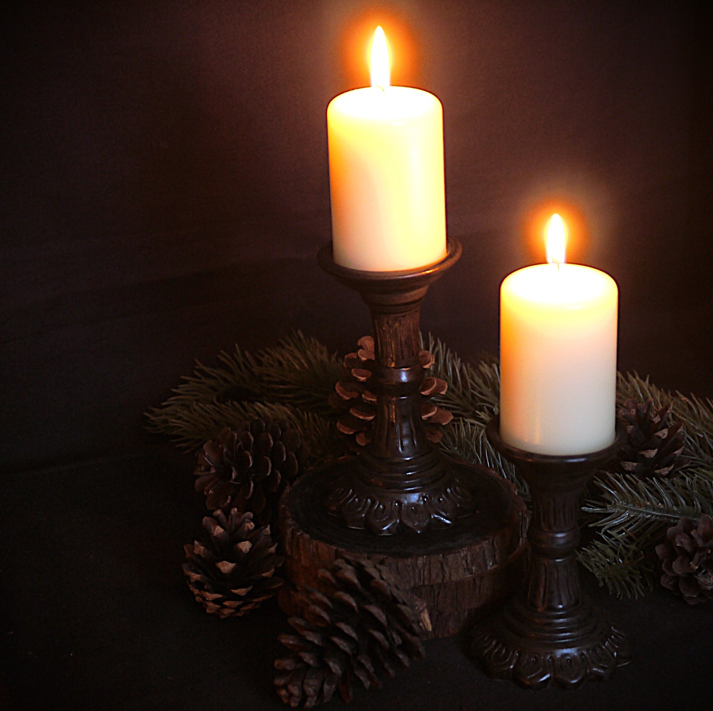 Black Hand-carved Pillar Candle Holder (Set of 2)