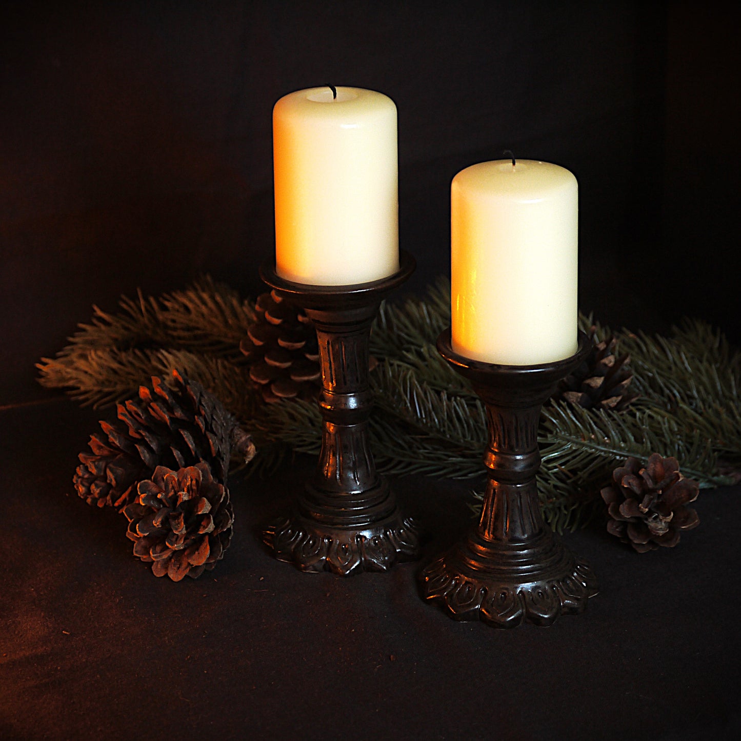 Black Hand-carved Pillar Candle Holder (Set of 2)