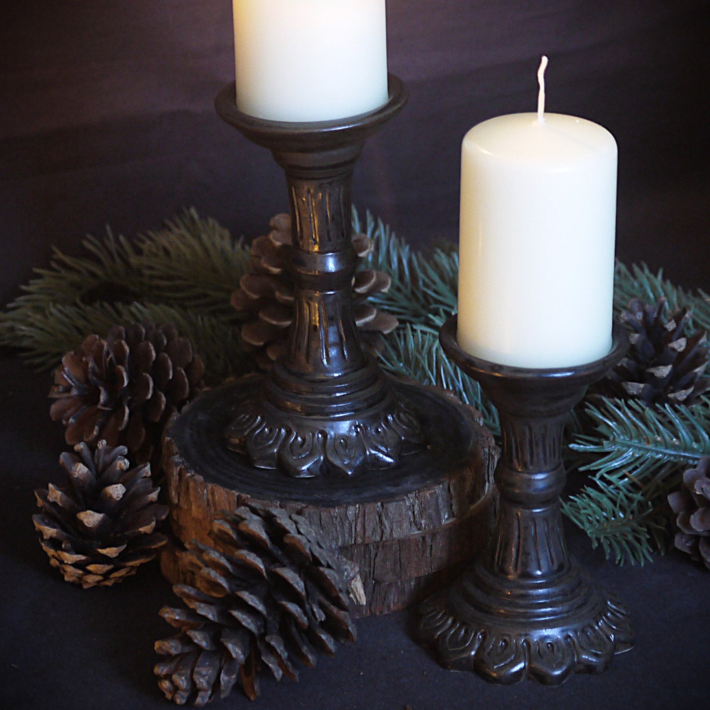 Black Hand-carved Pillar Candle Holder (Set of 2)