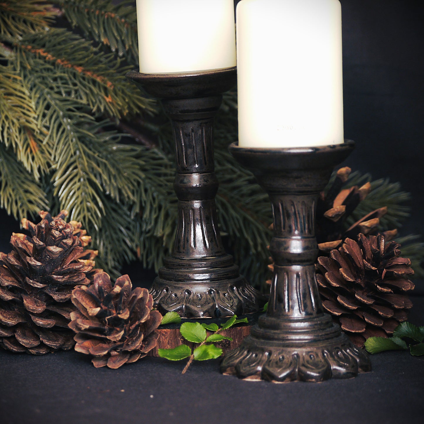 Black Hand-carved Pillar Candle Holder (Set of 2)