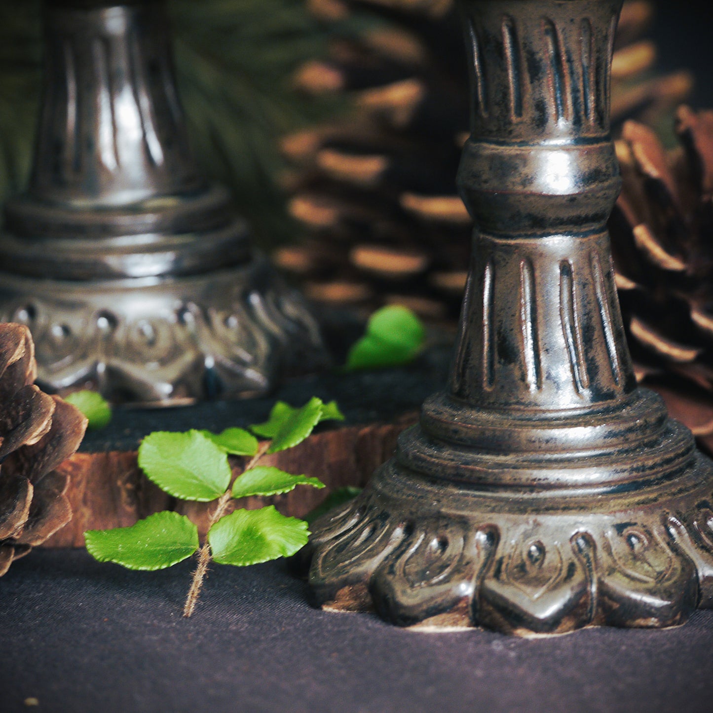 Black Hand-carved Pillar Candle Holder (Set of 2)