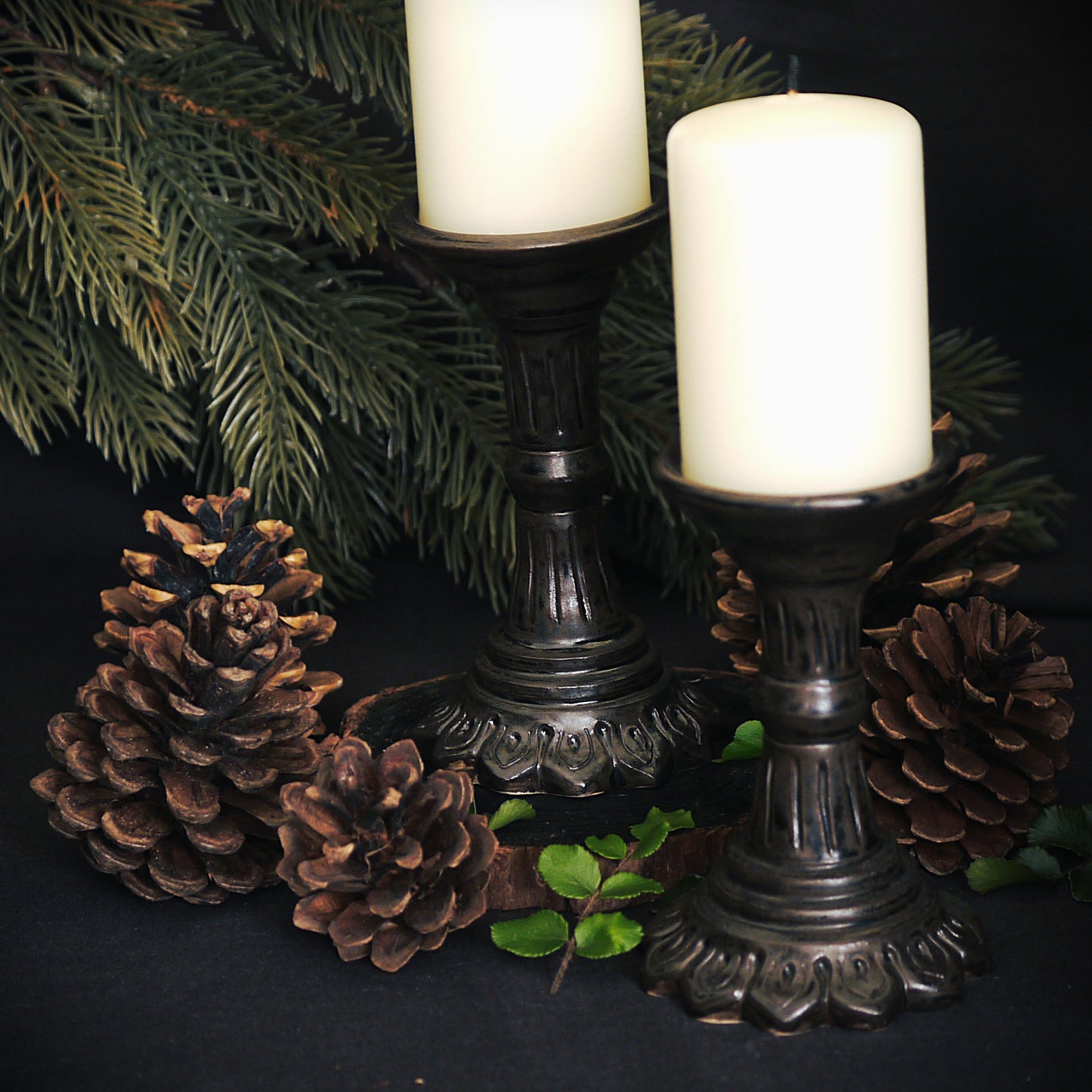 Black Hand-carved Pillar Candle Holder (Set of 2)