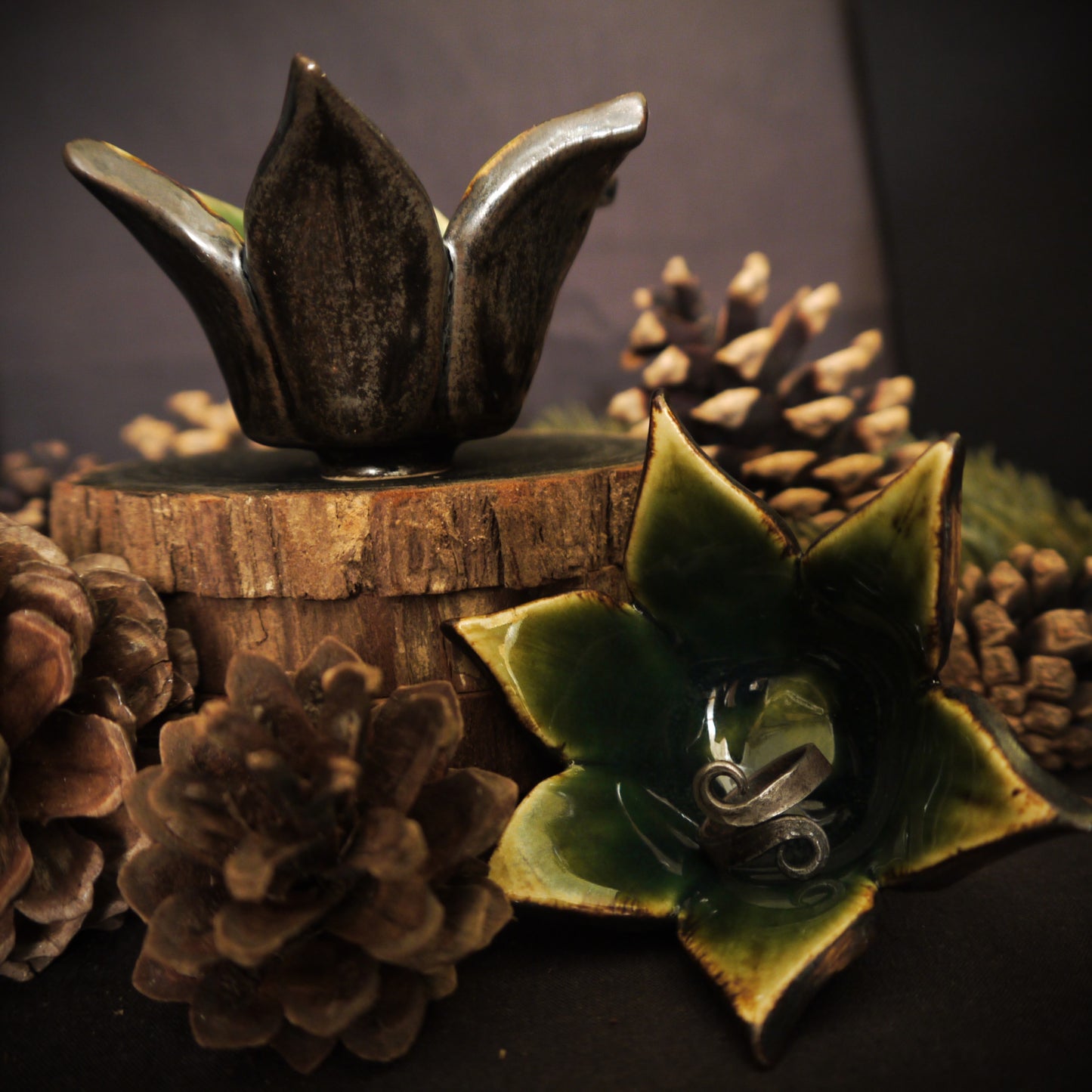Mini Black & Green Flower Trinket/Ring Holder